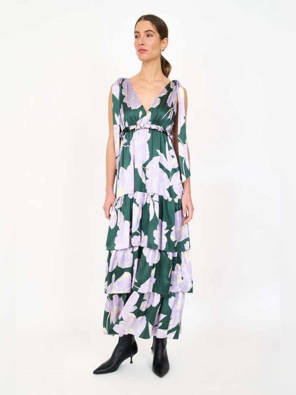 Christy Lynn Alexa Green Floral Tiered Ruffle Silk Midi Dress Medium